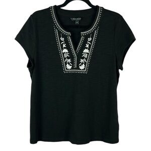Talbots Casual Floral Embroidered Short Sleeve Cotton Top Blouse Large Black